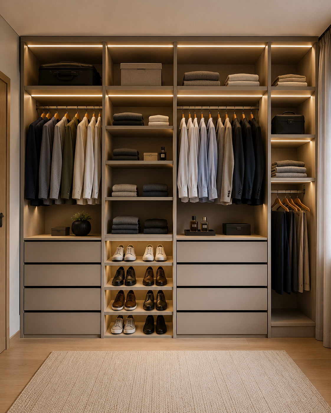 Closet aberto com iluminação linear